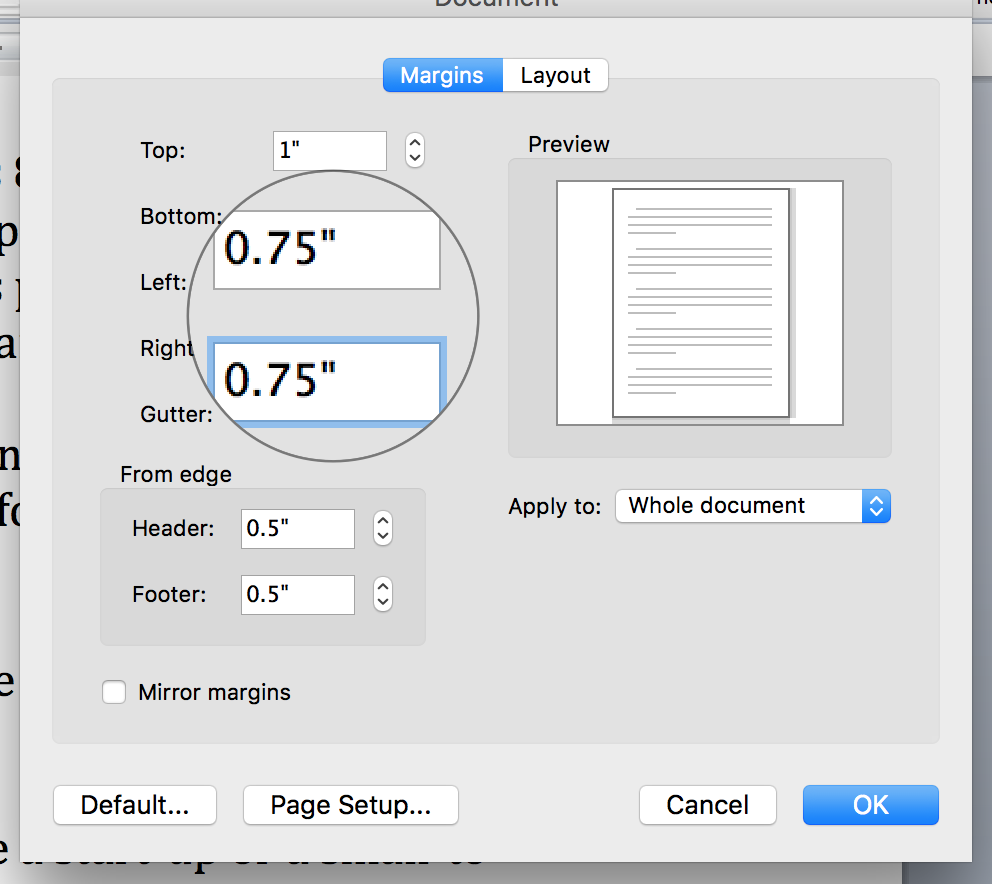 Screen shot of how to adjust margins in Word > Format > Document