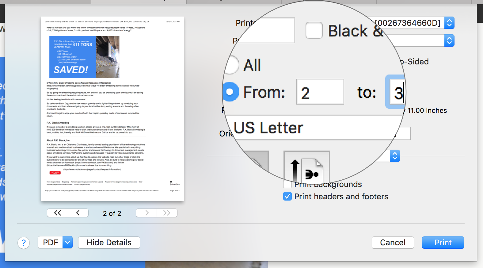 Screen shot of how to select which pages to print in Mac print dialogue box